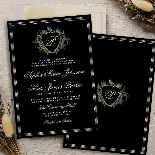 Classic crest monogram black ivory wedding einladung (Von Creator hochgeladen)