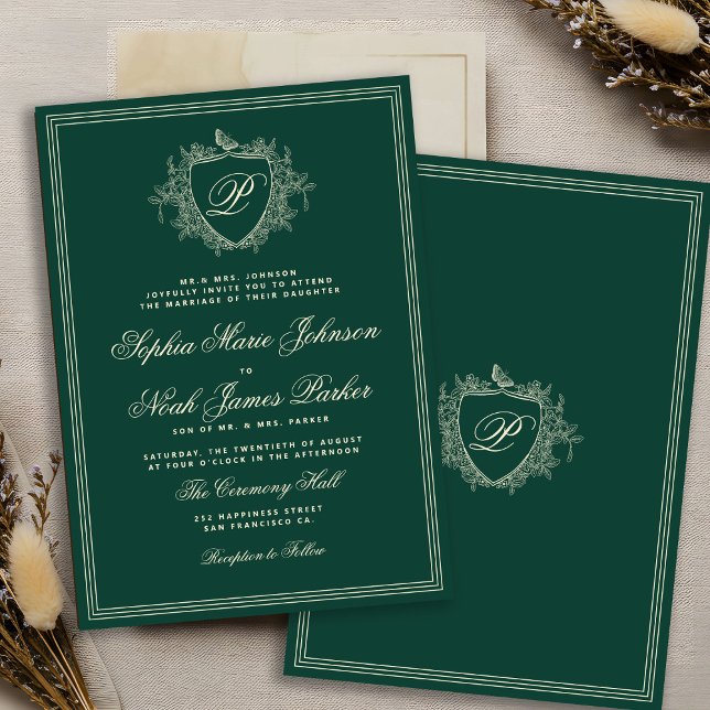 Classic crest monogram emerald green wedding einladung (Von Creator hochgeladen)