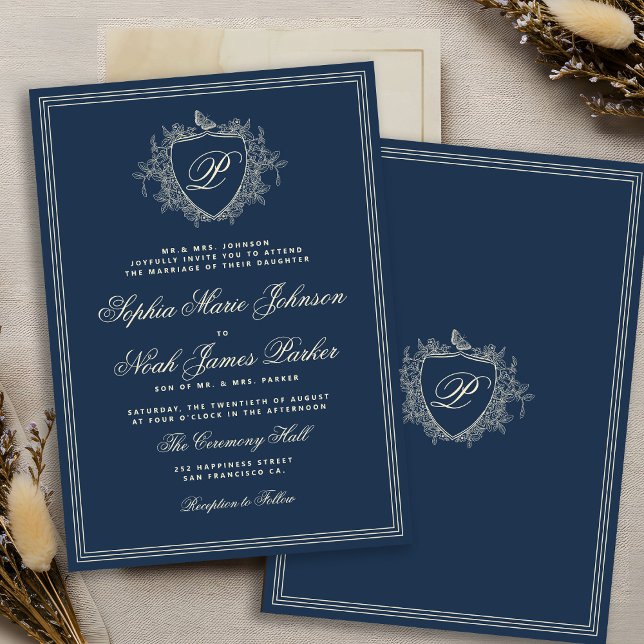 Classic crest monogram navy blue wedding einladung (Von Creator hochgeladen)