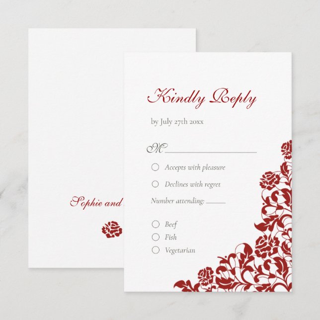Classic Crimson Rose Red Lace Wedding RSVP Karte (Vorne/Hinten)