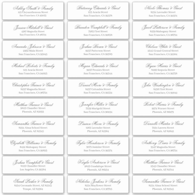 Classic Cursive Script Wedding Guest Names Adresse Aufkleber (Vorderseite)