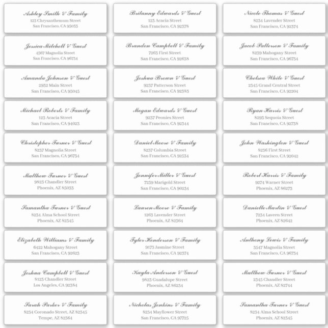 Classic Cursive Script Wedding Guest Names Adresse Aufkleber (Vorderseite)