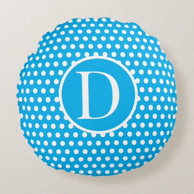 Classic Custom Anfangsbuchstabe Polka Dot Sky Blue Rundes Kissen (Vorderseite)
