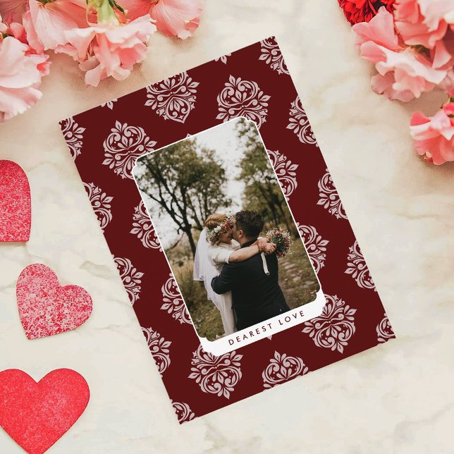 Classic Damask Elegant Script Valentine's Day Card (Von Creator hochgeladen)