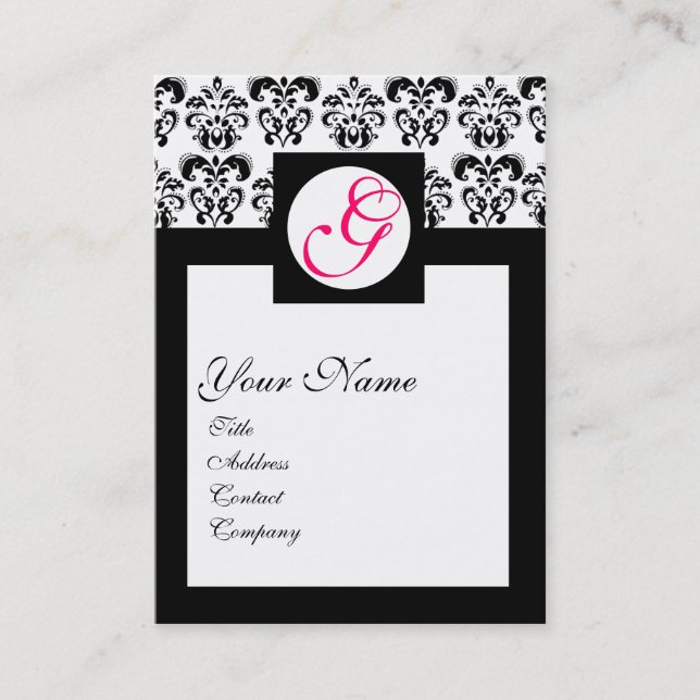 CLASSIC DAMASK SQUARE MONOGRAMM, rosa Fuchsia Visitenkarte (Vorderseite)