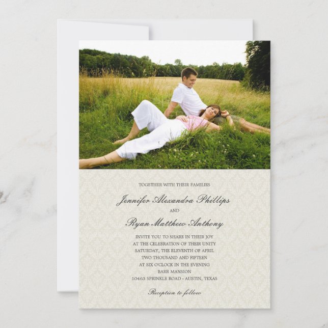 Classic Damask Wedding Foto Einladungen - Creme (Vorderseite)