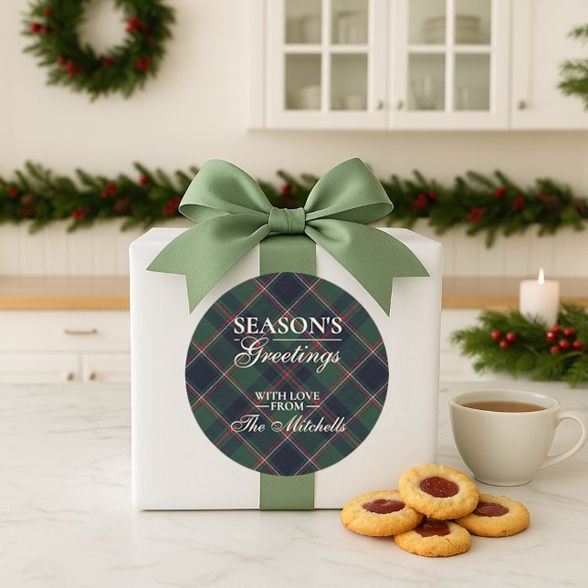 Classic Dark Blue Red Green Plaid Pattern Runder Aufkleber (Von Creator hochgeladen)