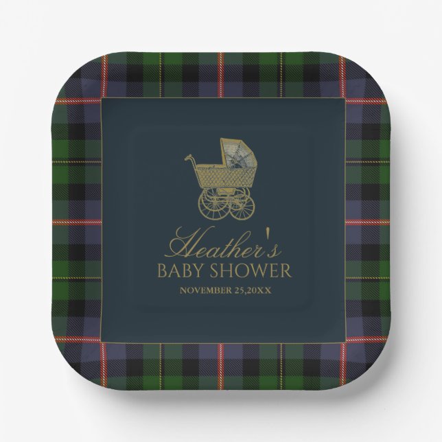 Classic Dark Green Blue Plaid Baby Shower Pappteller (Vorderseite)