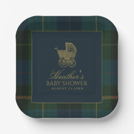 Classic Dark Green & Blue Plaid Baby Shower Pappteller