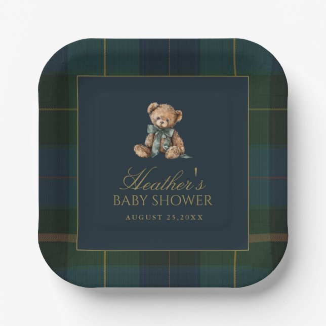 Classic Dark Green & Blue Plaid Baby Shower Pappteller (Vorderseite)