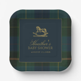 Classic Dark Green & Blue Plaid Baby Shower Pappteller