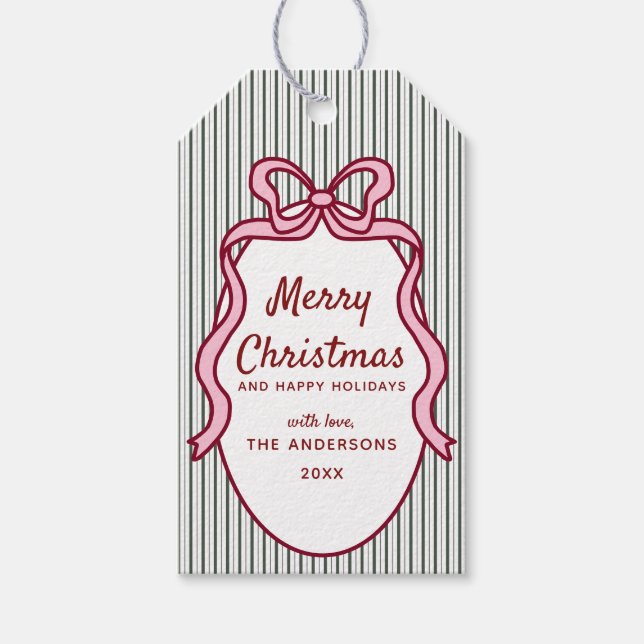 Classic Dark Green Stripes & Bow Frame Christmas  Geschenkanhänger (Vorderseite)