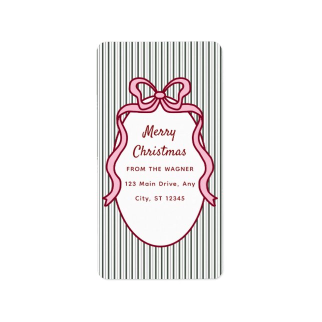 Classic Dark Green Stripes & Pink Bow Christmas Adressaufkleber (Vorne)