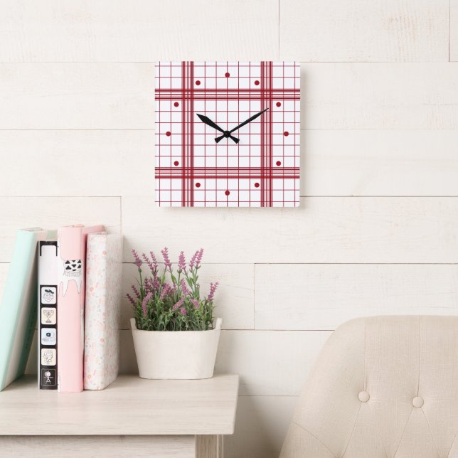Classic Dark Red Farmhouse Plaid Pattern On White Quadratische Wanduhr (Lesesaal)