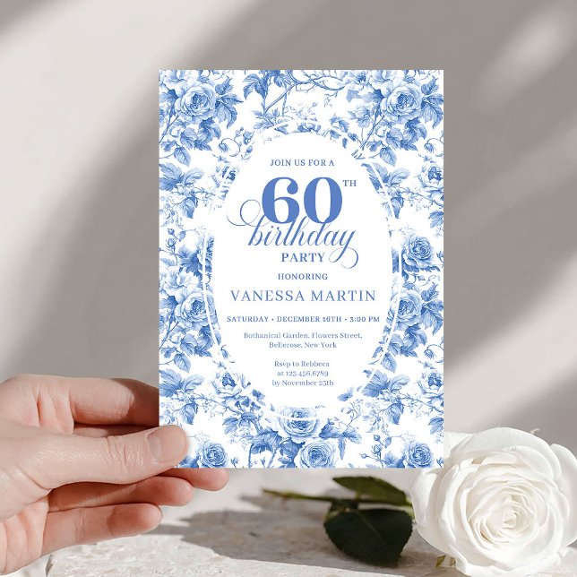 Classic Deep Blue Floral Toile 60th Birthday Invit Einladung (Classic Deep Blue Floral Toile 60th Birthday Invite)