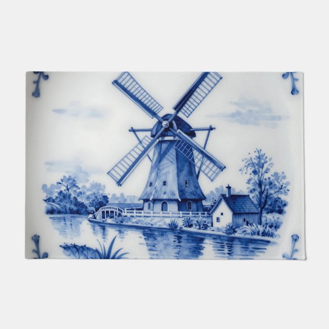 Classic Delft Blue Windmill Canal Scene Fußmatte (Vorderseite)