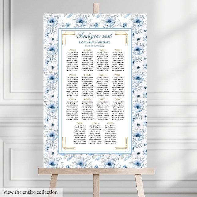 Classic Dusty Blue Boho Gold Glitzer Seating Chart Poster (Classic Dusty Blue Boho Gold Glitter Seating Chart)