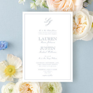 Classic Dusty Blue Calligraphy Monogram Wedding Einladung