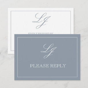 Classic Dusty Blue Calligraphy Monogramm Keine Mah RSVP Karte