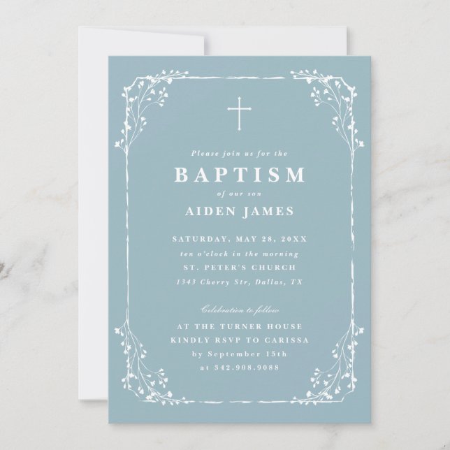 Classic Dusty Blue Dainty Floral Frame Baptism Einladung (Vorderseite)
