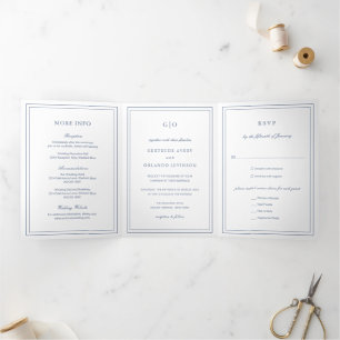 Classic Dusty Blue Elegante Wedding Dreifach Gefaltete Einladung