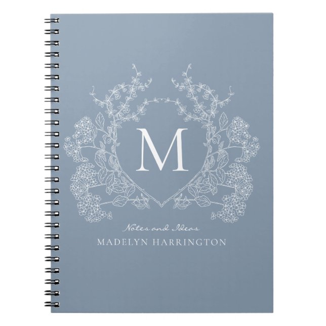 Classic Dusty Blue Floral Crest Carnet Monogramme (Devant)