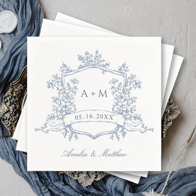 Classic Dusty Blue Floral Crest Monograms Wedding Serviette (Von Creator hochgeladen)