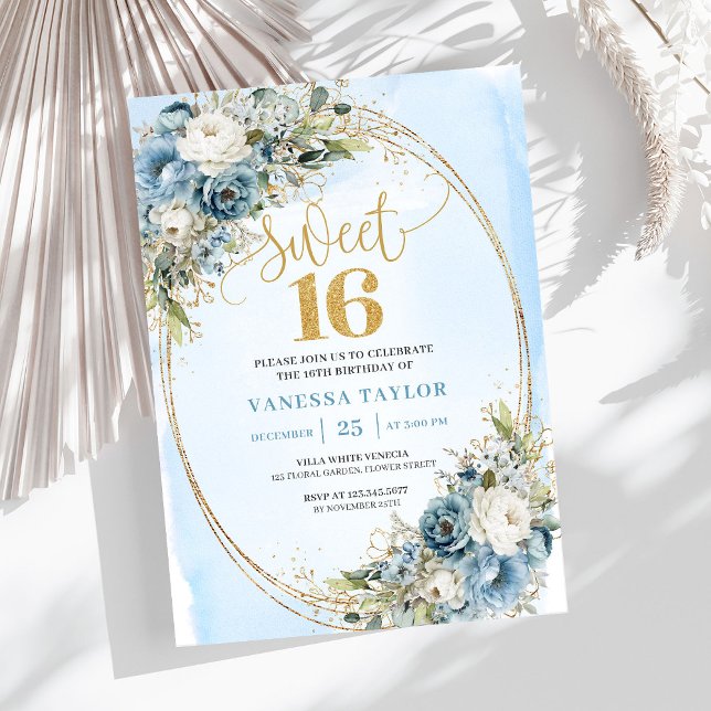 Classic Dusty Blue Floral Sweet 16th Birthday  Einladung (Classic Dusty Blue Floral Sweet 16th Birthday Invite)