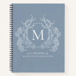 Classic Dusty Blue Floral Wappen Monogramm Rezept Notizbuch