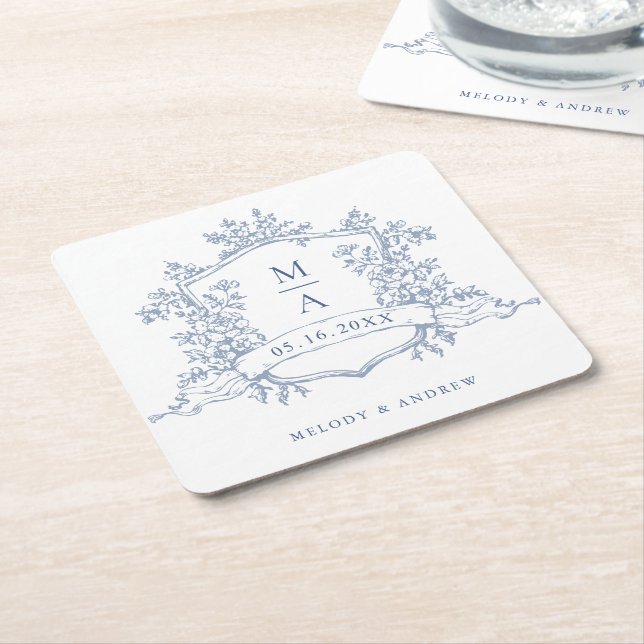 Classic Dusty Blue Floral Wappen Monogramme Hochze Rechteckiger Pappuntersetzer (angewinkelt)