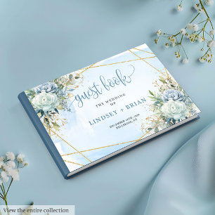 Classic Dusty Blue Flowers Gold Wedding Guest Book Gästebuch