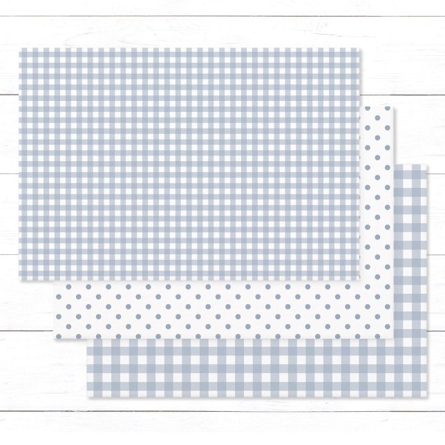 Classic Dusty Blue Gingham Polka Dots Pattern Mix Geschenkpapier Set (Set of timeless dusty blue and white gingham and polka dot-patterned gift wrapping paper sheets.)