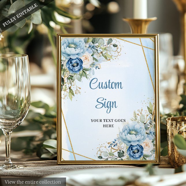 Classic Dusty Blue Greenerity Gold Frame Wedding Poster (Classic Dusty Blue Greenery Gold Frame Wedding Sign)