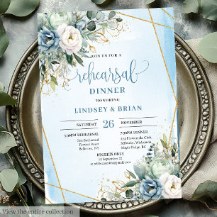 Classic Dusty Blue Greenery Gold Frame Probe Einladung