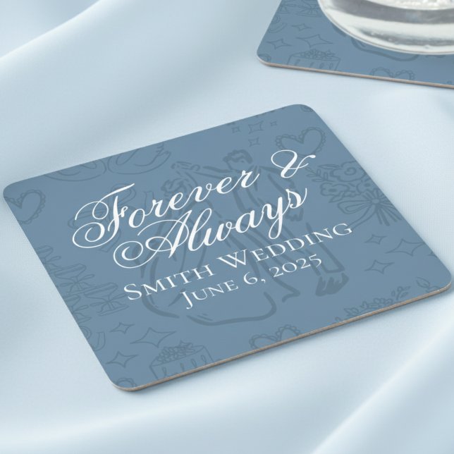 Classic Dusty Blue Hand Drawn Wedding Sketch Art Rechteckiger Pappuntersetzer (Celebrate your special day with these classic dusty blue coaster favors!)