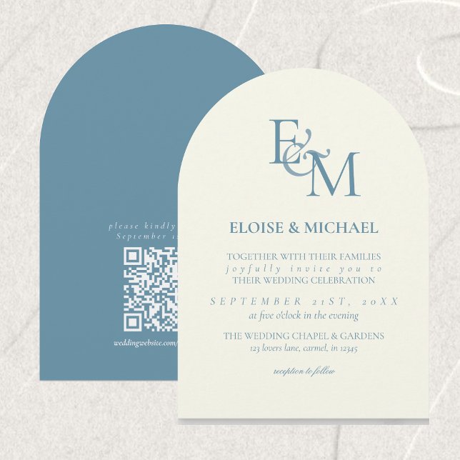 Classic Dusty Blue Monogram Minimalist Wedding Einladung (Classic Dusty Blue Monogram Minimalist Wedding Invitation)