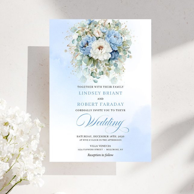 Classic Dusty Blue Peony Watercolor Wedding Invite Einladung (Classic Dusty Blue Peony Watercolor Wedding Invite)