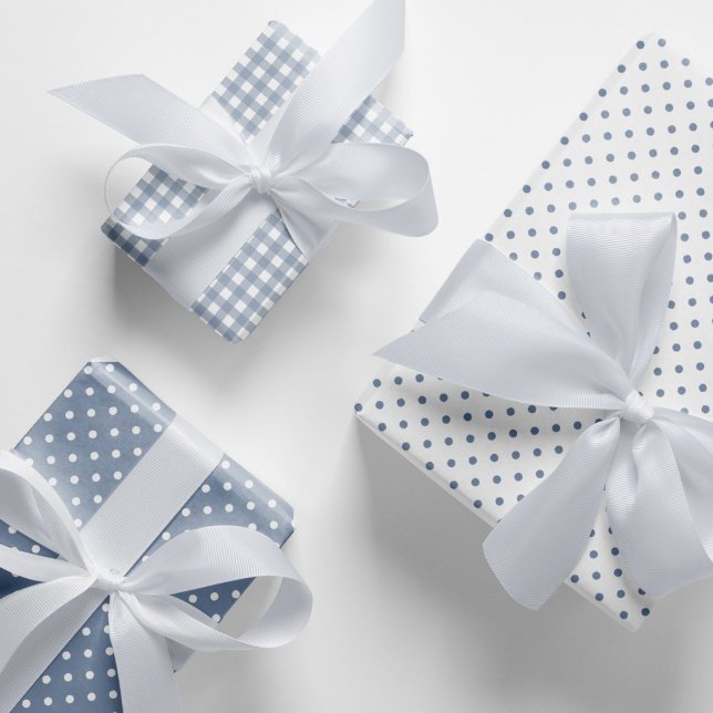 Classic Dusty Blue Polka Dots Gingham Pattern Mix Geschenkpapier Set (Dusty blue and white polka dots and gingham checks pattern mix and match wrapping paper sheets.)
