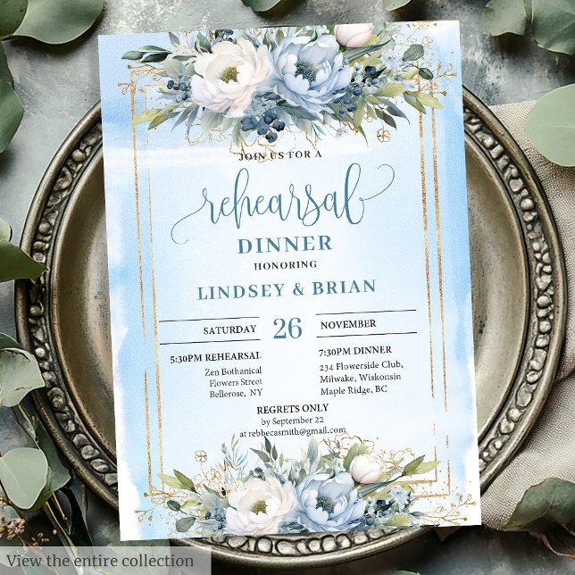 Classic Dusty Blue White Floral Probe lädt ein Einladung (Classic Dusty Blue White Floral Rehearsal Invitation)
