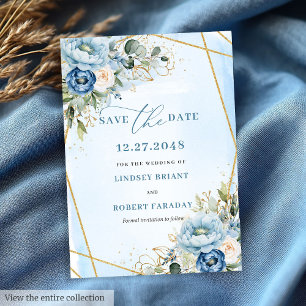Classic Dusty Blue White Gold Peony Save the Date Einladung