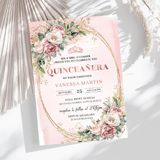Classic Dusty Pink Flowers Greenery Quinceanera Einladung