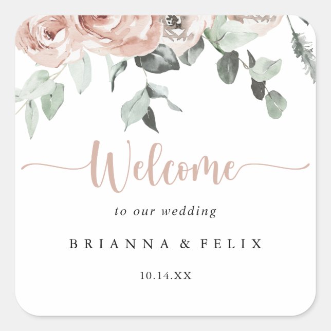 Classic Dusty Pink Rose Bloral Wedding Willkommen Quadratischer Aufkleber (Vorderseite)