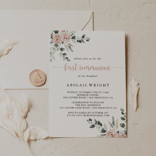 Classic Dusty Pink Rose Floral Erste Kommune Einladung (Von Creator hochgeladen)