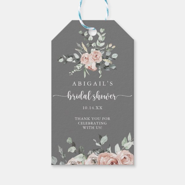 Classic Dusty Pink Rose Floral Grau Brautparty Geschenkanhänger (Vorderseite)