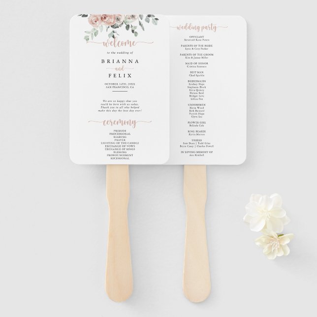 Classic Dusty Pink Rose Floral Wedding Fächer (Vorne und Hinten)