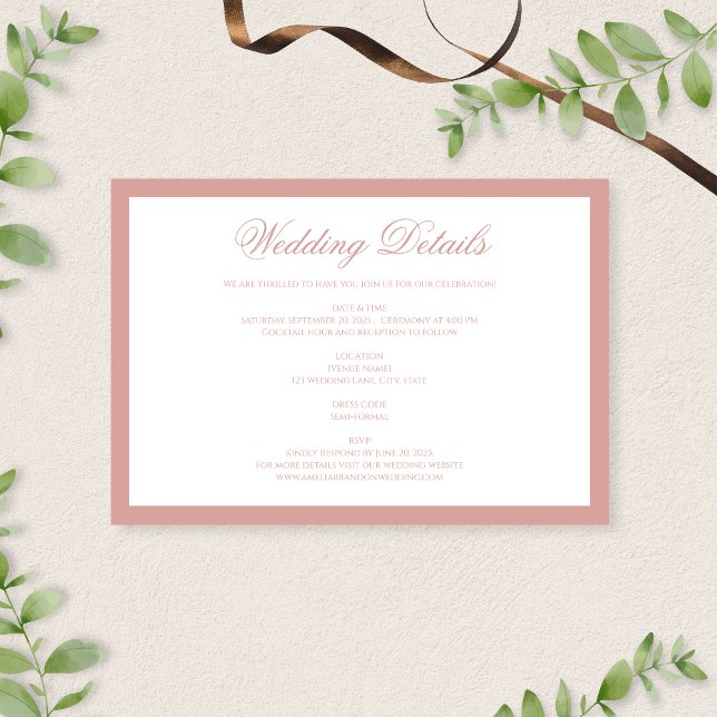 Classic Dusty Rose Border Script Wedding Details Begleitkarte (Von Creator hochgeladen)