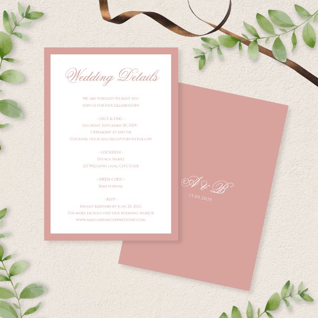 Classic Dusty Rose Monogram Script Wedding Details Begleitkarte (Von Creator hochgeladen)
