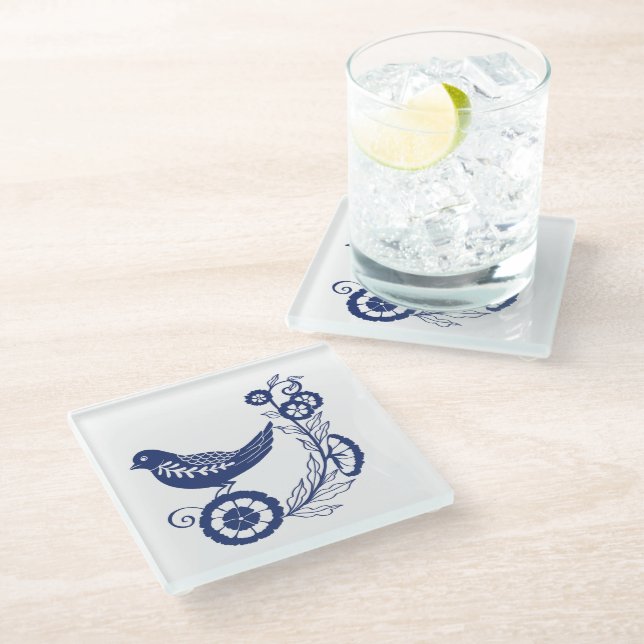 Classic Dutch Blue Delft Tile Bird Design Glasuntersetzer (Schrägansicht)