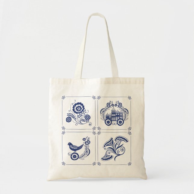 Classic Dutch Blue Delft Tile Floral & Bird Design Tragetasche (Vorne)