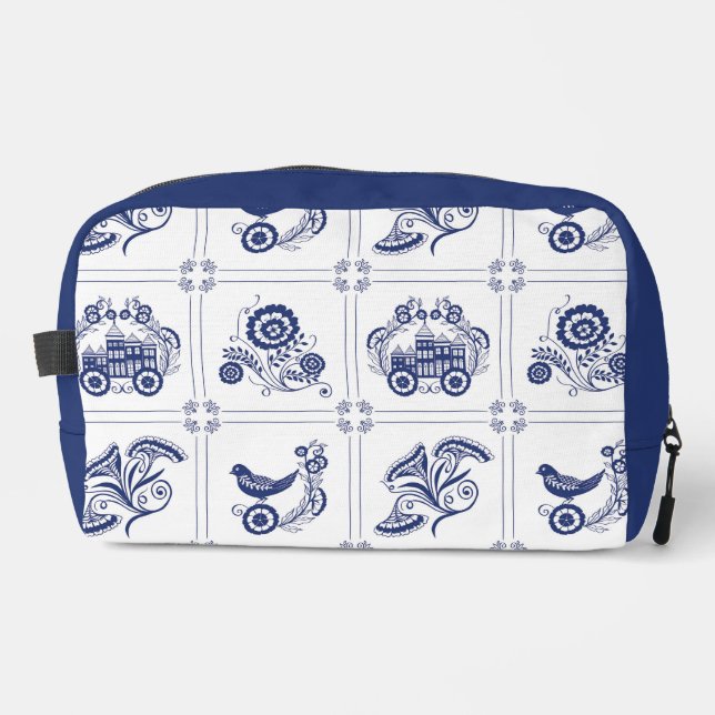 Classic Dutch Blue Delft Tile Floral & Bird Design Waschbeutel (Vorderseite)